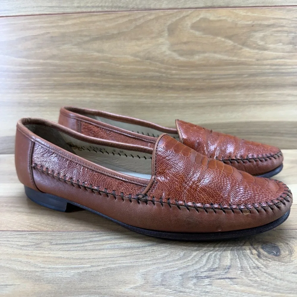 Ennesi Gold Italian Ostrich Leg Loafers Mens 9 M Whiskey Brown Slip On Business